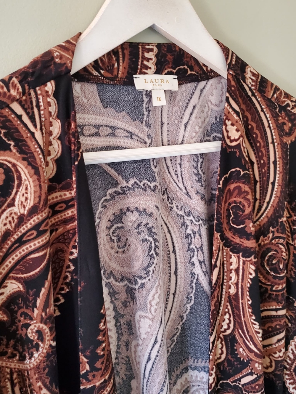 Laura 1X Modern Bohemian Hippie Resortwear Earthy Paisley Silk Knit Long Kimono - Picture 4 of 12